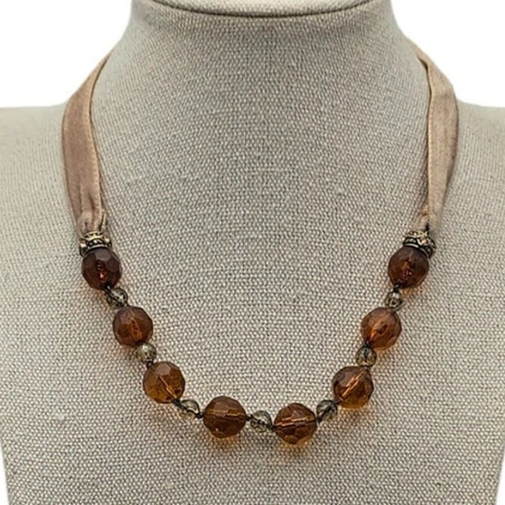 Amber Faceted Glass Bead Necklace Velvet Ribbon Tie Warm Earth Tone Romantic